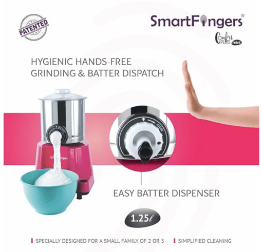 SmartFingers Comfort Plus Mini Table Top Wet Grinder 230V 50hz, 1.25 Liter, Pink - Image 4